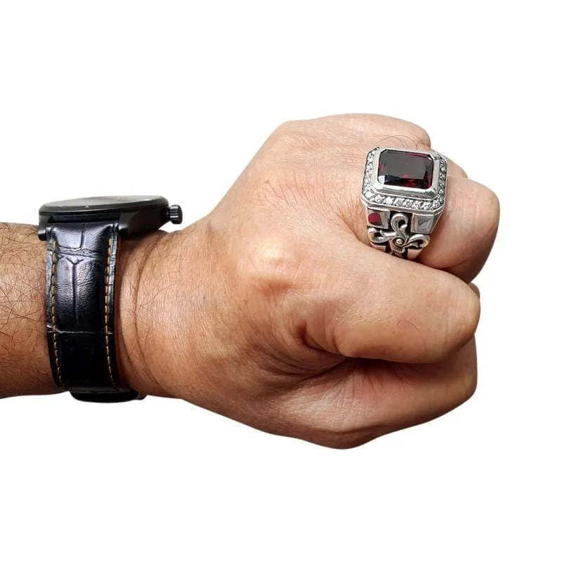Tribal Cross Red Garnet Sterling Silver Men's Ring