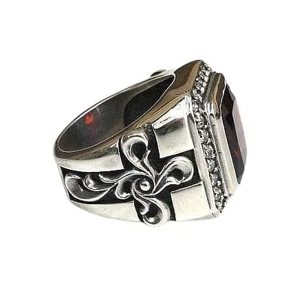 Tribal Cross Red Garnet Sterling Silver Men's Ring