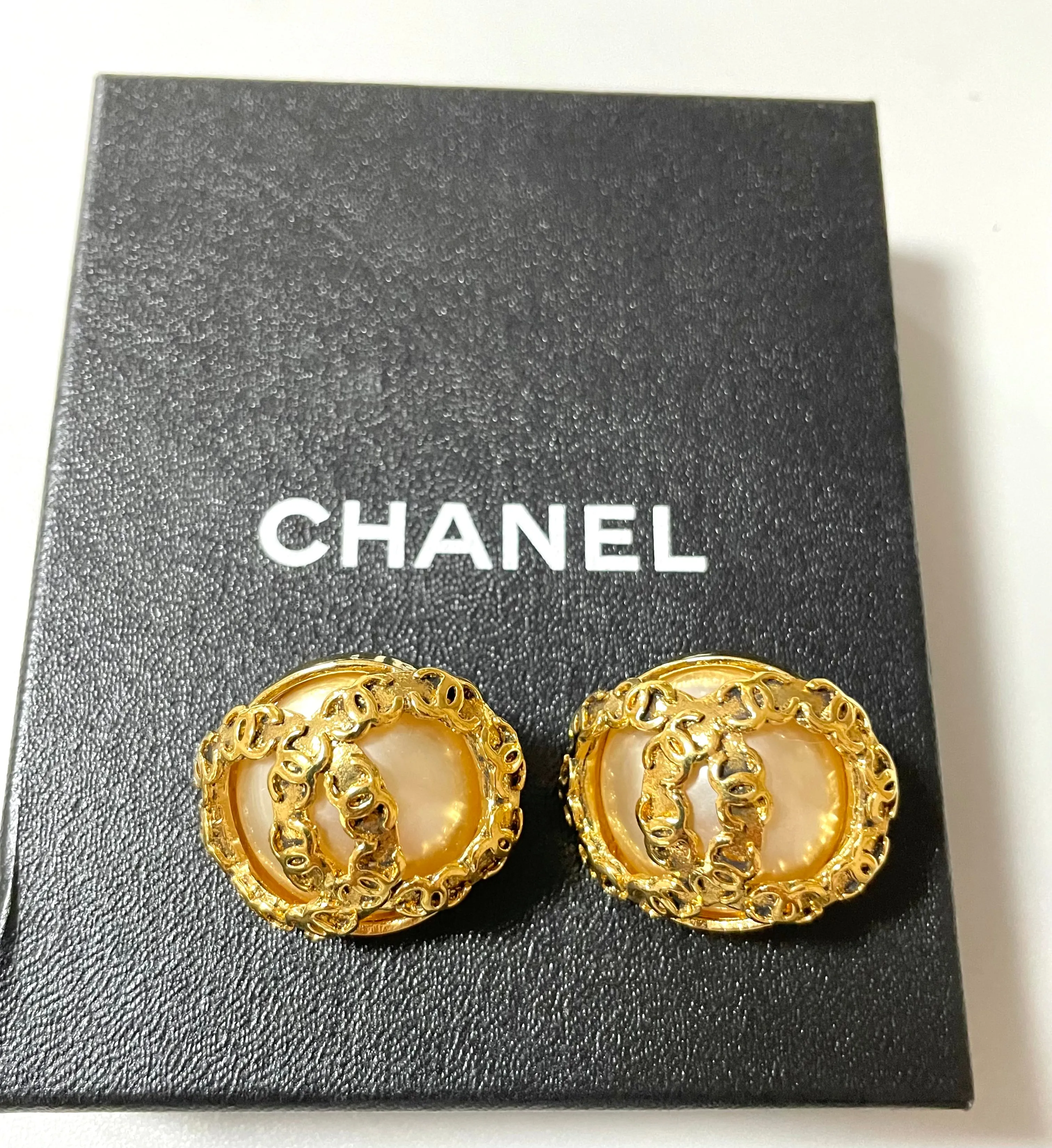 Vintage CHANEL large golden faux pearl CC earrings with mini coco marks.  So hot and gorgeous. 050817ys3