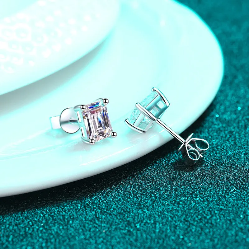 Wedding Earrings Rectangle Moissanite Diamonds Stud Earrings-EM042
