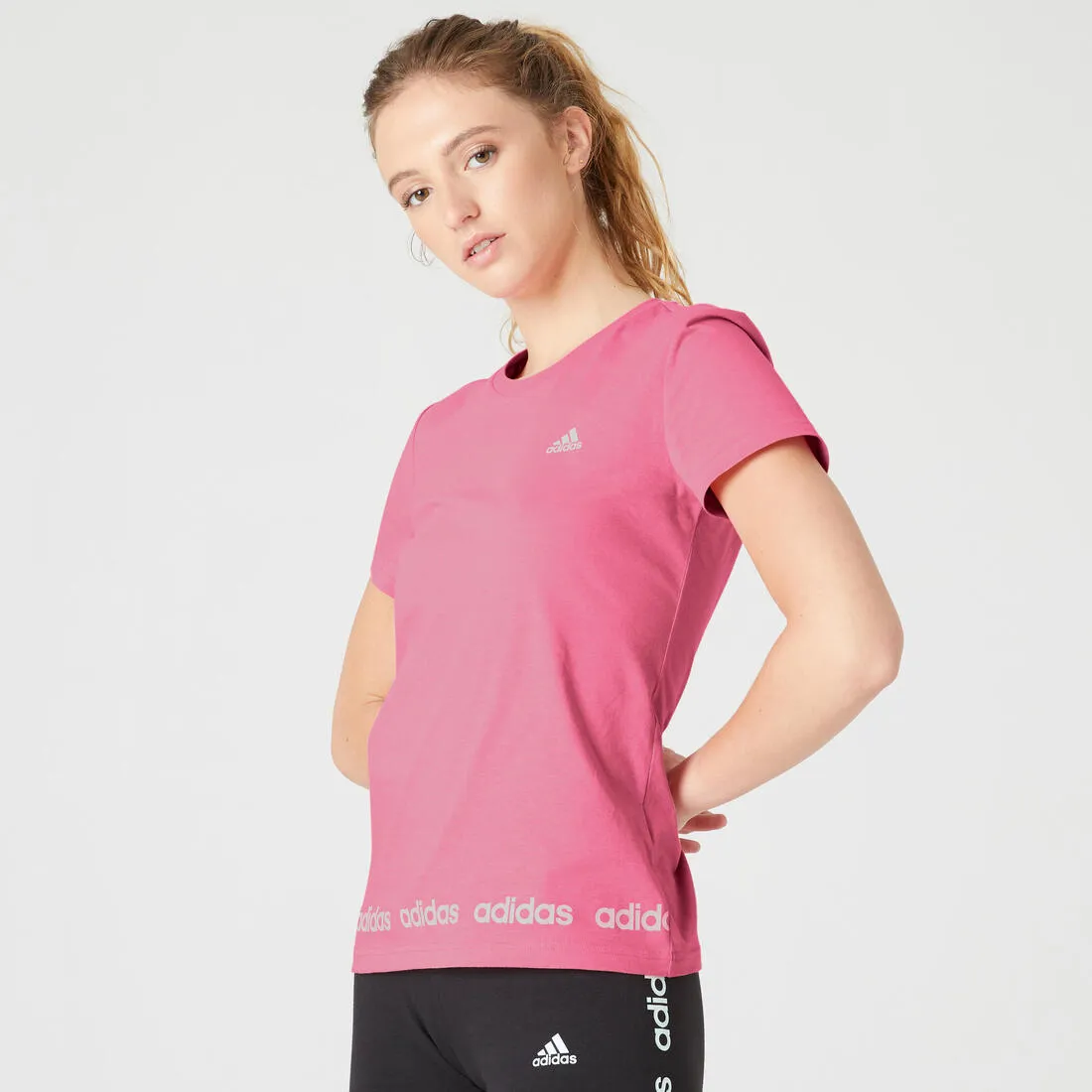 Women's Short-Sleeved Slim-Fit Cotton Crew Neck Fitness T-Shirt - Pink