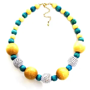 Wood Bead with Crochet Necklace - Blue