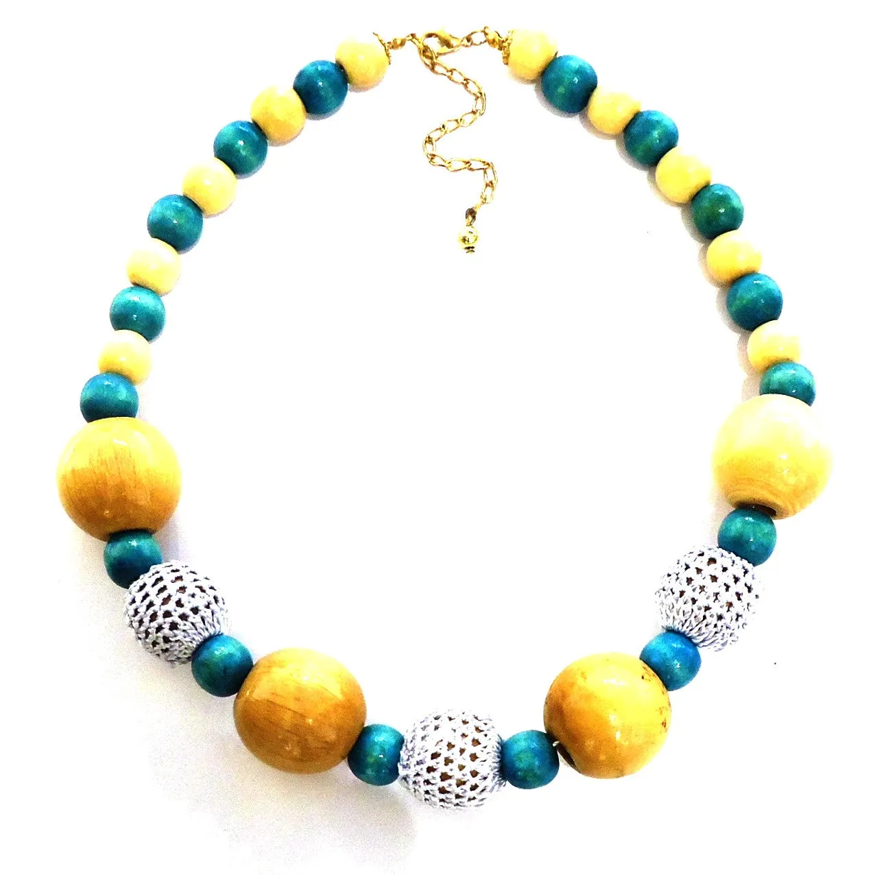 Wood Bead with Crochet Necklace - Blue