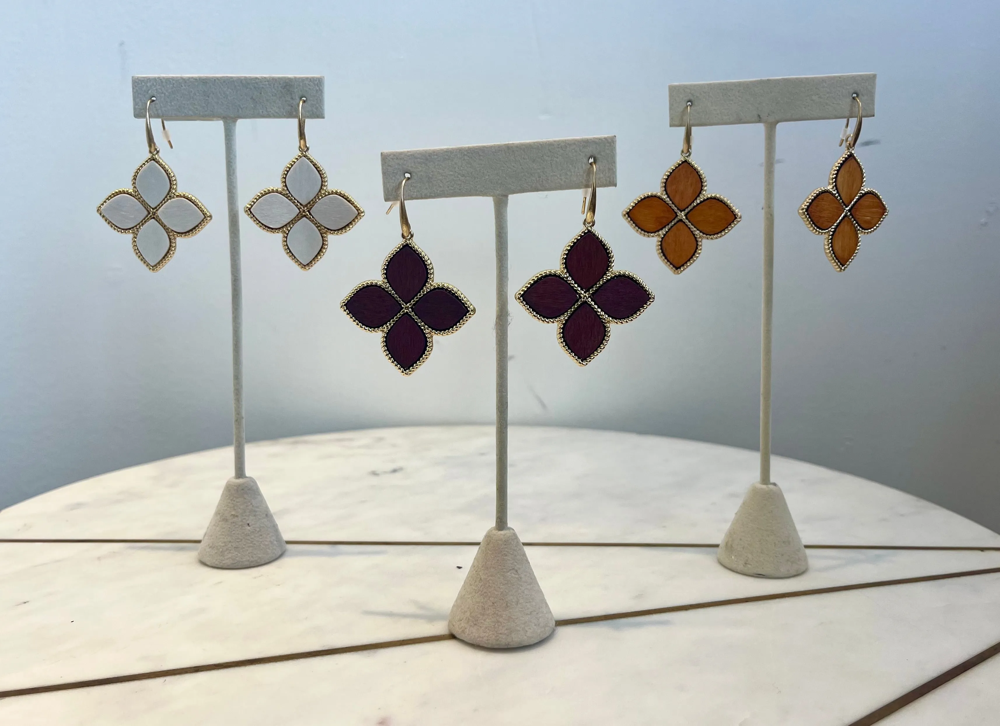 wood centered 4 petal flower earring